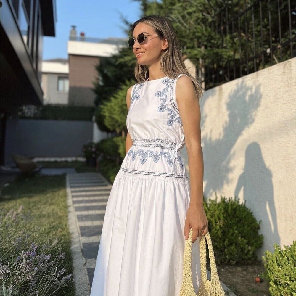 Zara White and Blue Midi Dress